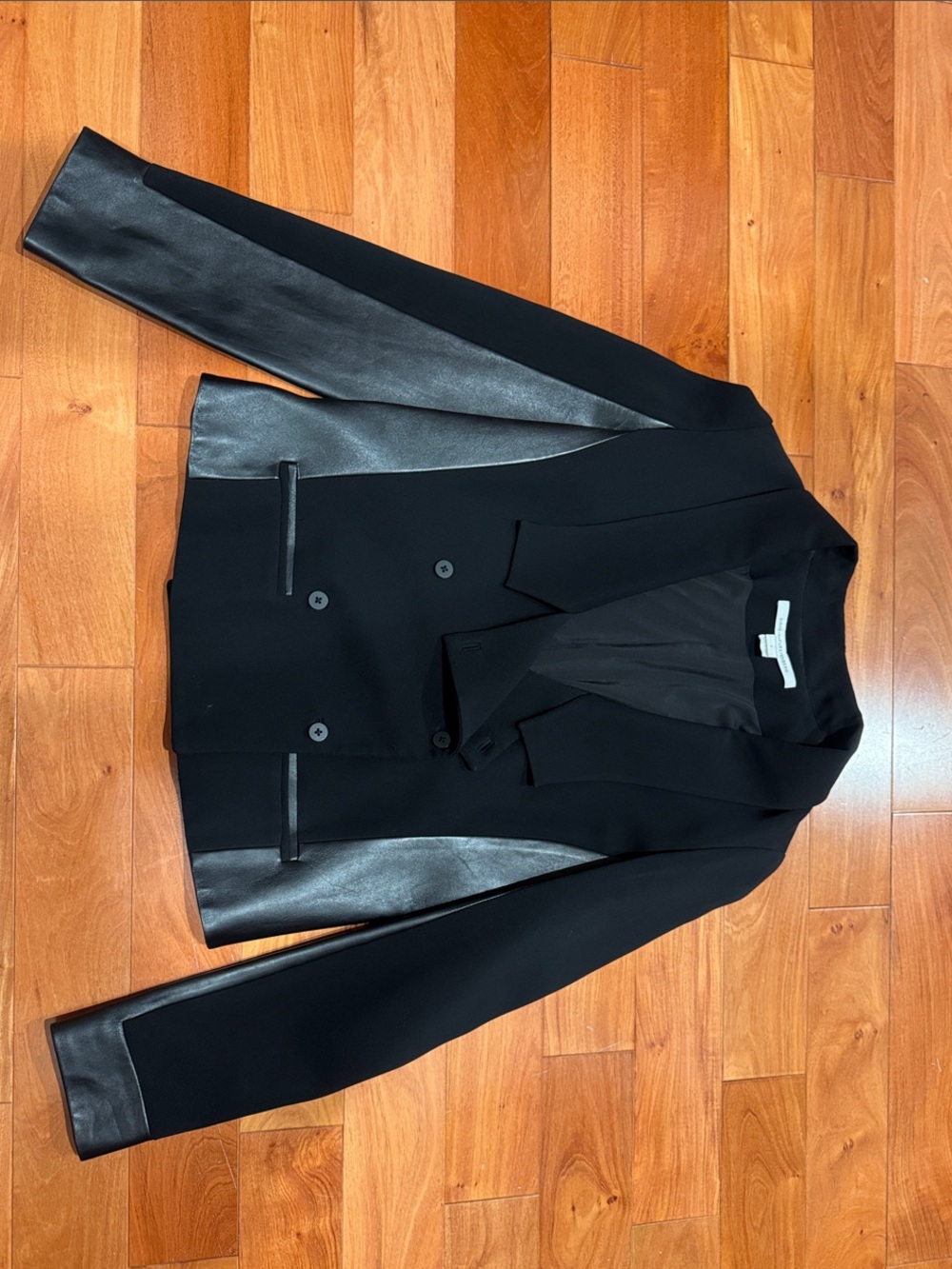 Diane Von Furstenberg Black Double-Breasted Pea Coat with Leather Trim